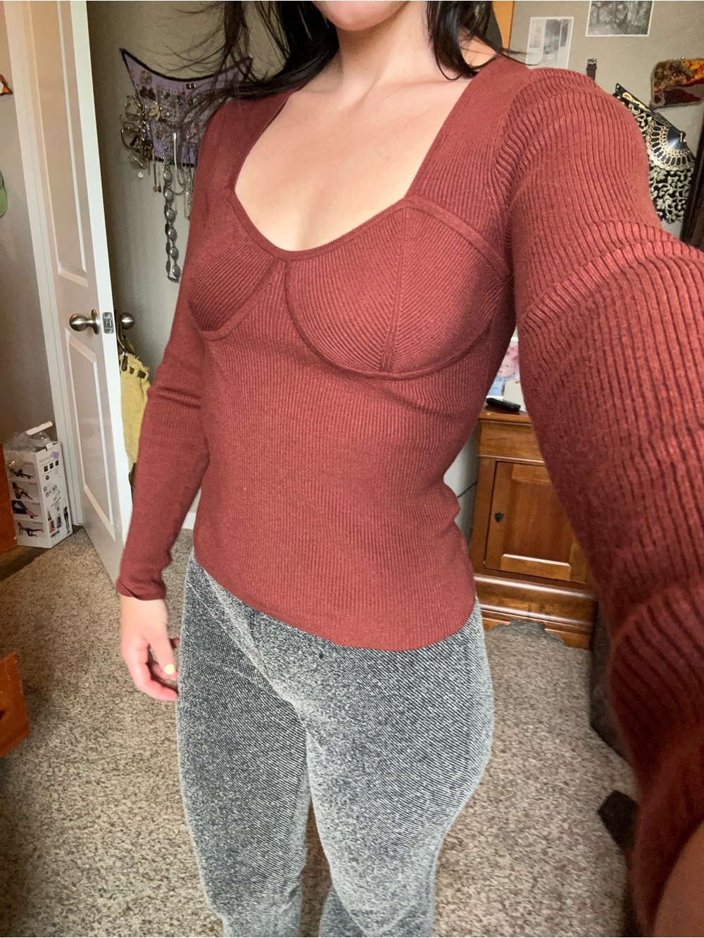 Madewell Rust Red Sweetheart Neckline Long Sleeve Knit Top Women's Size Small.